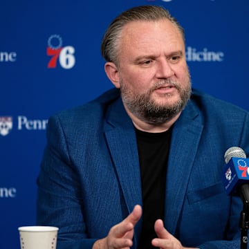 Dec 15, 2023; Philadelphia, Pennsylvania, USA; Philadelphia 76ers resident of Basketball Operations Daryl Morey speaks with the media before a game against the Detroit Pistons at Wells Fargo Center. Mandatory Credit: Bill Streicher-Imagn Images