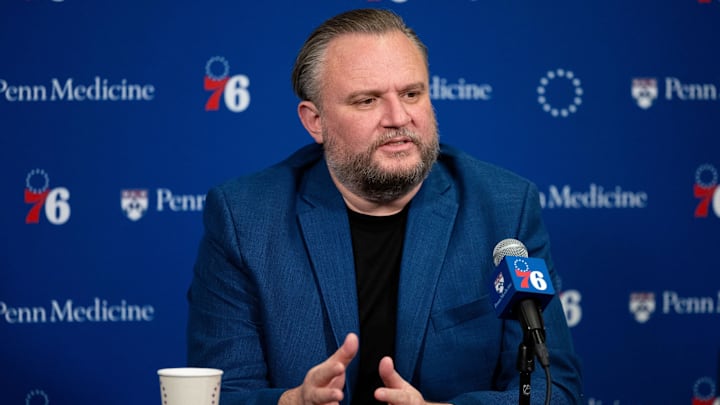 Dec 15, 2023; Philadelphia, Pennsylvania, USA; Philadelphia 76ers resident of Basketball Operations Daryl Morey speaks with the media before a game against the Detroit Pistons at Wells Fargo Center. Mandatory Credit: Bill Streicher-Imagn Images