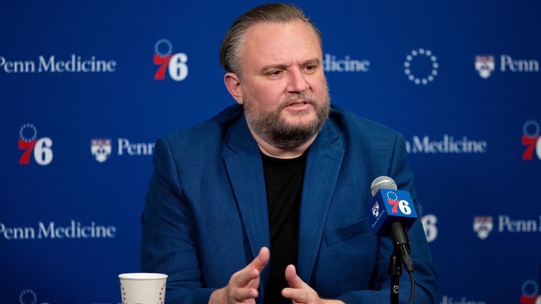 Dec 15, 2023; Philadelphia, Pennsylvania, USA; Philadelphia 76ers resident of Basketball Operations Daryl Morey speaks with the media before a game against the Detroit Pistons at Wells Fargo Center. Mandatory Credit: Bill Streicher-USA TODAY Sports