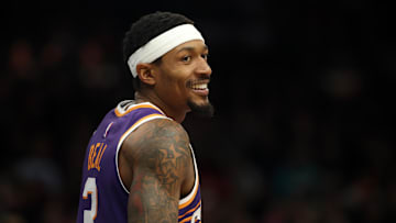 Jan 9, 2025; Phoenix, Arizona, USA; Phoenix Suns guard Bradley Beal (3) against the Atlanta Hawks at Footprint Center. Mandatory Credit: Mark J. Rebilas-Imagn Images