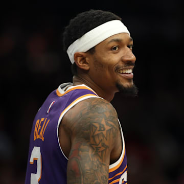 Jan 9, 2025; Phoenix, Arizona, USA; Phoenix Suns guard Bradley Beal (3) against the Atlanta Hawks at Footprint Center. Mandatory Credit: Mark J. Rebilas-Imagn Images
