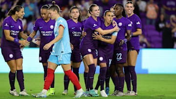 Orlando Pride forward Marta (10) celebrates with midfielder Coriana Dyke (31) after scoring a goal against the Chicago Red Stars in the second half in a 2024 NWSL Playoffs quarterfinal match at Inter&Co Stadium 