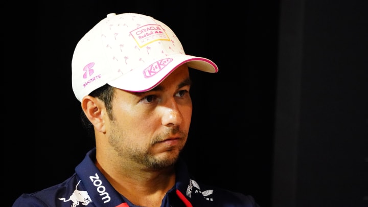 May 2, 2024; Miami Gardens, Florida, USA; Red Bull Racing driver Sergio Perez (11)  during a press in advance of the Miami Grand Prix at the Miami International Autodrome. Mandatory Credit: John David Mercer-USA TODAY Sports