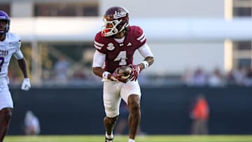 Sep 13, 2025; Starkville, Mississippi, USA; Mississippi State Bulldogs wide receiver Jordan Mosley (4) runs with the ball against the Alcorn State Braves during the first quarter at Davis Wade Stadium at Scott Field. Mandatory Credit: Wesley Hale-Imagn Images