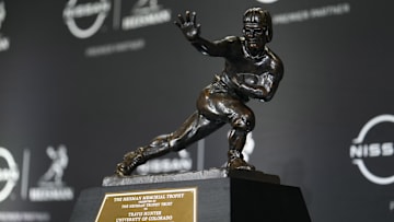 Dec 14, 2024; New York, NY, USA; A general view of the 2024 Heisman Trophy awarded to Colorado Buffaloes wide receiver/cornerback Travis Hunter during the 2024 Heisman Trophy Presentation. Mandatory Credit: Lucas Boland-Imagn Images