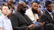 Shaquille O'Neal before the game between the Dallas Mavericks and the Minnesota Timberwolves during the 2024 NBA playoffs