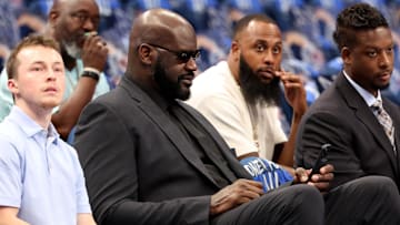 Shaquille O'Neal before the game between the Dallas Mavericks and the Minnesota Timberwolves during the 2024 NBA playoffs