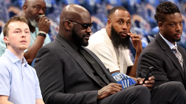 Shaquille O'Neal before the game between the Dallas Mavericks and the Minnesota Timberwolves during the 2024 NBA playoffs