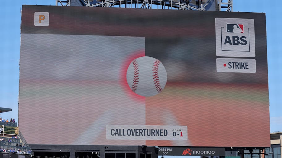 The scoreboard at Citi Field shows a ball overturned to a strike using the ABS system