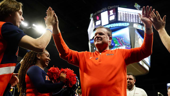 Mar 23, 2024; Omaha, NE, USA; Illinois Fighting Illini head coach Brad Underwood leaves the court after the game against the Duquesne Dukes in the second round of the 2024 NCAA Tournament at CHI Health Center Omaha. Mandatory Credit: Dylan Widger-USA TODAY Sports