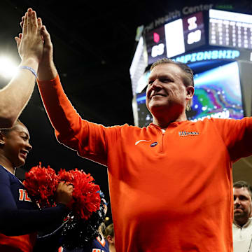 Mar 23, 2024; Omaha, NE, USA; Illinois Fighting Illini head coach Brad Underwood leaves the court after the game against the Duquesne Dukes in the second round of the 2024 NCAA Tournament at CHI Health Center Omaha. Mandatory Credit: Dylan Widger-Imagn Images