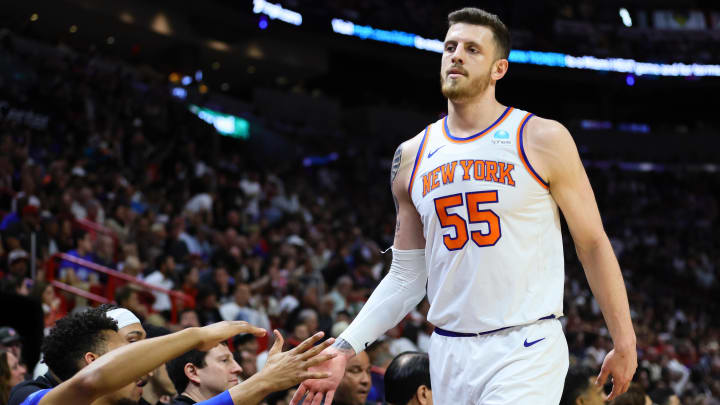 Apr 2, 2024; Miami, Florida, USA; New York Knicks center Isaiah Hartenstein (55) high-fives with teammates against the Miami Heat during the second quarter at Kaseya Center. Mandatory Credit: Sam Navarro-USA TODAY Sports