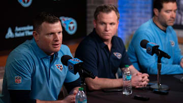 Tennessee Titans management, from left, Chad Brinker, president of football operations, Mike Borgonzi, general manager, and Brian Callahan, head coach, field questions from the media at Ascension Saint Thomas Sports Park in Nashville, Tenn., Tuesday, April 22, 2025.