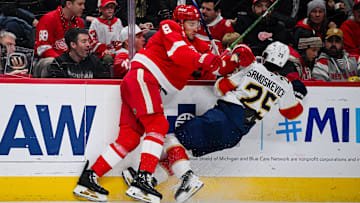Apr 6, 2025; Detroit, Michigan, USA; Detroit Red Wings defenseman Ben Chiarot (8) checks Florida Panthers right wing Mackie Samoskevich (25) during the third period at Little Caesars Arena. Mandatory Credit: Tim Fuller-Imagn Images