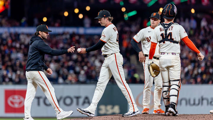 Apr 6, 2026; San Francisco, California, USA; San Francisco Giants pitcher Ryan Borucki (47) is relieved by San Francisco Giants manager Tony Vitello during the seventh inning against the Philadelphia Phillies at Oracle Park. Mandatory Credit: Bob Kupbens-Imagn Images