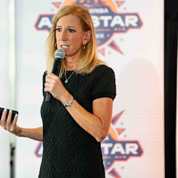 WNBA Commissioner Cathy Engelbert speaks during the Changemaker Day event at Parsons Leadership Center at Camp South Mountain in Phoenix on July 18, 2024.