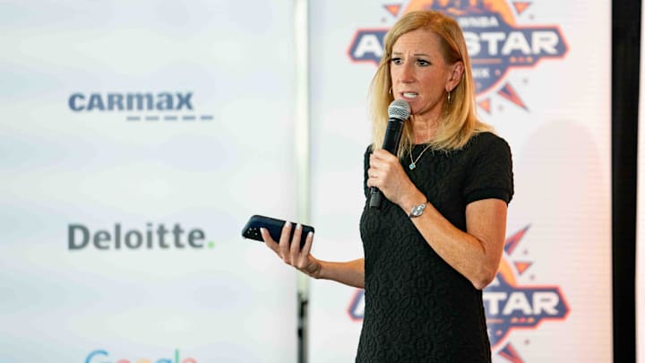 WNBA Commissioner Cathy Engelbert speaks during the Changemaker Day event at Parsons Leadership Center at Camp South Mountain in Phoenix on July 18, 2024.