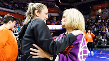 Jan 19, 2025; Gainesville, Florida, USA; Florida Gators head coach Kelly Rae Finley and LSU Tigers head coach Kim Mulkey embrace before a game at Exactech Arena at the Stephen C. O'Connell Center. Mandatory Credit: Matt Pendleton-Imagn Images