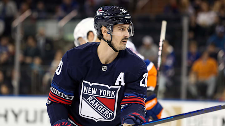 Nov 3, 2024; New York, New York, USA; New York Rangers left wing Chris Kreider (20) skates against the New York Islanders during the first period at Madison Square Garden. Mandatory Credit: Danny Wild-Imagn Images