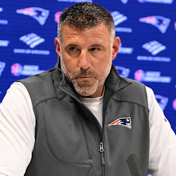 May 9, 2025; Foxborough, MA, USA;  New England Patriots head coach Mike Vrabel speaks the to media during a press conference at Gillette Stadium. Mandatory Credit: Eric Canha-Imagn Images