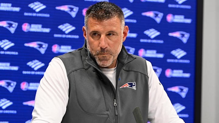 May 9, 2025; Foxborough, MA, USA;  New England Patriots head coach Mike Vrabel speaks the to media during a press conference at Gillette Stadium. Mandatory Credit: Eric Canha-Imagn Images