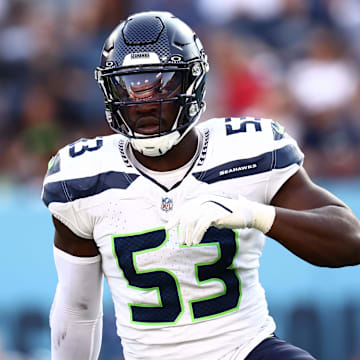 Aug 17, 2024; Nashville, Tennessee, USA; Seattle Seahawks linebacker Boye Mafe (53) celebrates a sack in the first quarter against the Tennessee Titans at Nissan Stadium. Mandatory Credit: Casey Gower-Imagn Images