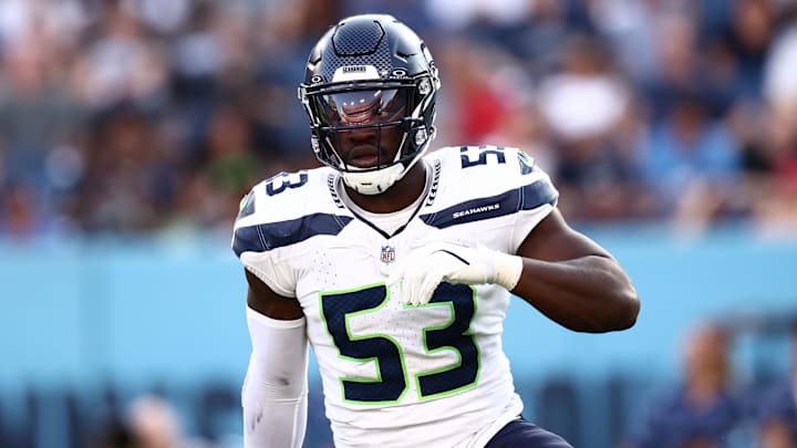 Aug 17, 2024; Nashville, Tennessee, USA; Seattle Seahawks linebacker Boye Mafe (53) celebrates a sack in the first quarter against the Tennessee Titans at Nissan Stadium. Mandatory Credit: Casey Gower-Imagn Images