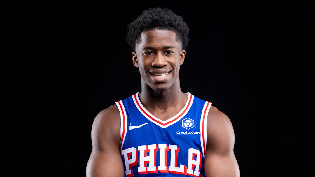 Sep 26, 2025; Camden, NJ, USA; Philadelphia 76ers VJ Edgecombe (77) poses for a photo during media day. Mandatory Credit: Bill Streicher-Imagn Images