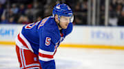 Mar 19, 2024; New York, New York, USA; New York Rangers defenseman Chad Ruhwedel (5) awaits a face-off against the Winnipeg Jets during the first period at Madison Square Garden. Mandatory Credit: Danny Wild-Imagn Images