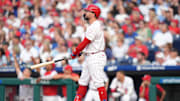 Jul 23, 2025; Philadelphia, Pennsylvania, USA; Philadelphia Phillies designated hitter Kyle Schwarber (12) hits a two-run home run against the Boston Red Sox in the first inning at Citizens Bank Park. Mandatory Credit: Kyle Ross-Imagn Images