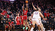 Feb 5, 2025; Piscataway, New Jersey, USA; Rutgers Scarlet Knights guard Dylan Harper (2) makes a three point basket during the second half against the Illinois Fighting Illini at Jersey Mike's Arena. Mandatory Credit: Vincent Carchietta-Imagn Images