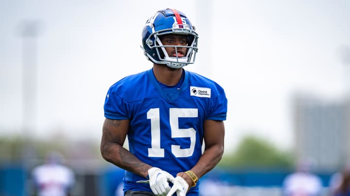 May 13, 2022; East Rutherford, NJ, USA;  New York Giants wide receiver Daylen Baldwin (15) practices a drill during rookie camp at Quest Diagnostics Training Center. Mandatory Credit: John Jones-USA TODAY Sports