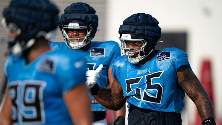 Tennessee Titans tackle JC Latham works drills during training camp.