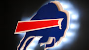 Jun 14, 2022; Orchard Park, New York, USA; General view of a Buffalo Bills logo in the media room