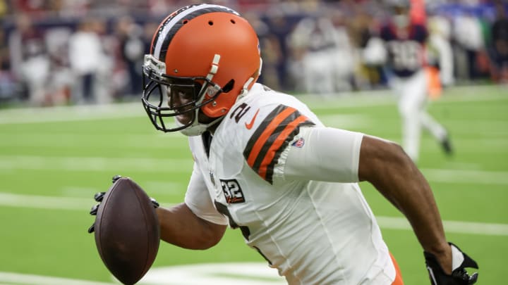 Dec 24, 2023; Houston, Texas, USA; Cleveland Browns wide receiver Amari Cooper (2) runs for a touchdown after a catch against the Houston Texans in the second quarter at NRG Stadium.