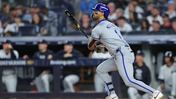 Oct 5, 2024; Bronx, New York, USA; Kansas City Royals outfielder MJ Melendez (1) hits a two run home run during the fourth inning against the New York Yankees during game one of the ALDS for the 2024 MLB Playoffs at Yankee Stadium. Mandatory Credit: Brad Penner-Imagn Images