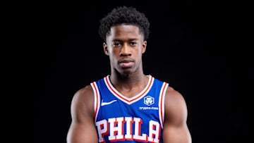 Sep 26, 2025; Camden, NJ, USA; Philadelphia 76ers VJ Edgecombe (77) poses for a photo during media day. Mandatory Credit: Bill Streicher-Imagn Images