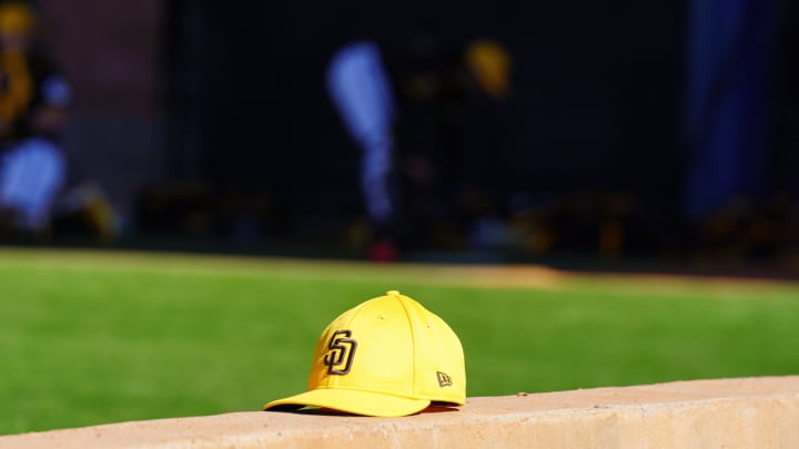 Feb 12, 2024; Peoria, AZ, USA; A general view of a hat belonging to a member of the San Diego Padres during a workout day at Peoria Sports Complex. Mandatory Credit: Allan Henry-USA TODAY Sports


