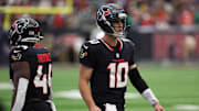 Nov 9, 2025; Houston, Texas, USA; Houston Texans quarterback Davis Mills (10) walks onto the field against the Jacksonville Jaguars during the second half at NRG Stadium. Mandatory Credit: Thomas Shea-Imagn Images