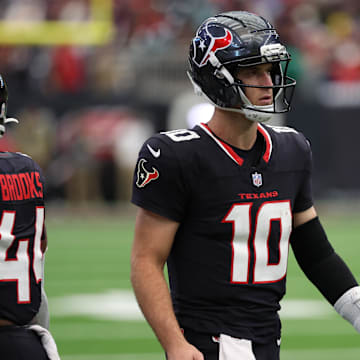 Nov 9, 2025; Houston, Texas, USA; Houston Texans quarterback Davis Mills (10) walks onto the field against the Jacksonville Jaguars during the second half at NRG Stadium. Mandatory Credit: Thomas Shea-Imagn Images