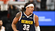 Oct 12, 2025; Inglewood, California, USA; Denver Nuggets forward Aaron Gordon (32) on the court against the Los Angeles Clippers during the second quarter at Intuit Dome. Mandatory Credit: Jonathan Hui-Imagn Images