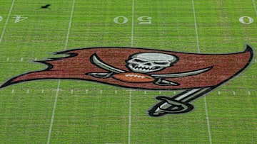 Sep 28, 2025; Tampa, Florida, USA; A general view of the Tampa Bay Buccaneers logo at Raymond James Stadium before the game between Philadelphia Eagles and Tampa Bay Buccaneers. Mandatory Credit: Nathan Ray Seebeck-Imagn Images