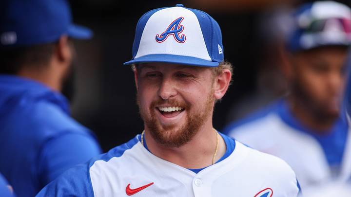 May 31, 2025; Atlanta, Georgia, USA; Atlanta Braves starting pitcher Spencer Schwellenbach (56) celebrates with teammates after being removed from a game against the Boston Red Sox in the seventh inning at Truist Park. Mandatory Credit: Brett Davis-Imagn Images
