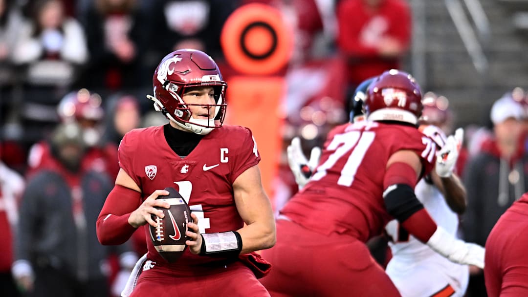 Nov 29, 2025; Pullman, Washington, USA; Washington State Cougars quarterback Zevi Eckhaus (4) throws a pass against the Oregon State Beavers at Gesa Field at Martin Stadium. Mandatory Credit: James Snook-Imagn Images