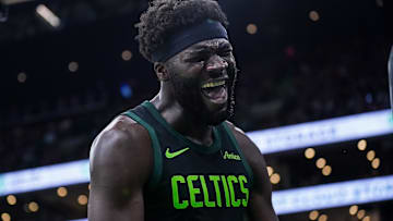 Mar 6, 2025; Boston, Massachusetts, USA; Boston Celtics center Neemias Queta (88) reacts after his basket against the Philadelphia 76ers in the second half at TD Garden. Mandatory Credit: David Butler II-Imagn Images