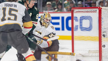 Apr 24, 2025; Saint Paul, Minnesota, USA; Vegas Golden Knights goaltender Adin Hill (33) watches a shot from Minnesota Wild left wing Matt Boldy (12) go into the net behind him in the second period in game three of the first round of the 2025 Stanley Cup Playoffs at Xcel Energy Center. Mandatory Credit: Matt Blewett-Imagn Images
