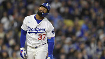 Los Angeles, California, USA; Los Angeles Dodgers right fielder Teoscar Hernandez (37) reacts after a fly out off Pittsburgh Pirates starting pitcher Paul Skenes (30) in the sixth inning at Dodger Stadium.