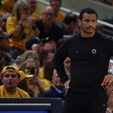 May 25, 2024; Indianapolis, Indiana, USA; Boston Celtics head coach Joe Mazzulla looks on during the second quarter of game three of the eastern conference finals against the Indiana Pacers in the 2024 NBA playoffs at Gainbridge Fieldhouse. Mandatory Credit: Trevor Ruszkowski-Imagn Images