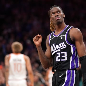 Mar 7, 2024; Sacramento, California, USA; Sacramento Kings guard Keon Ellis (23) reacts after the Kings defeated the San Antonio Spurs at the Golden 1 Center. Mandatory Credit: Cary Edmondson-USA TODAY Sports