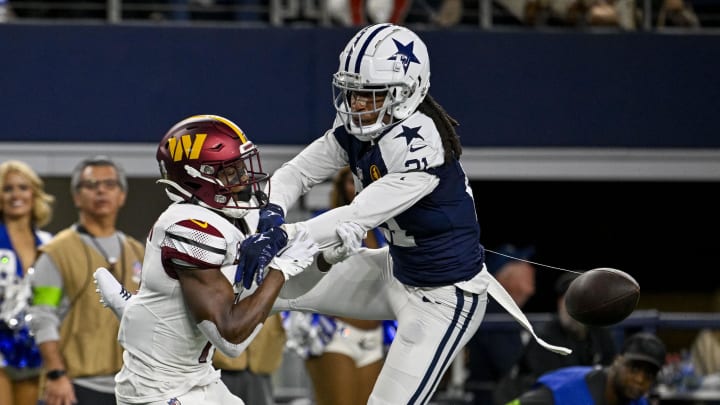 Nov 23, 2023; Arlington, Texas, USA; Dallas Cowboys cornerback Stephon Gilmore (21) and Washington Commanders wide receiver Terry McLaurin (17) in action during the game between the Dallas Cowboys and the Washington Commanders at AT&T Stadium. Mandatory Credit: Jerome Miron-USA TODAY Sports